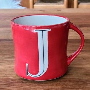 Anthropologie Hand Painted Red Monogram “J” Coffee Tea Mug